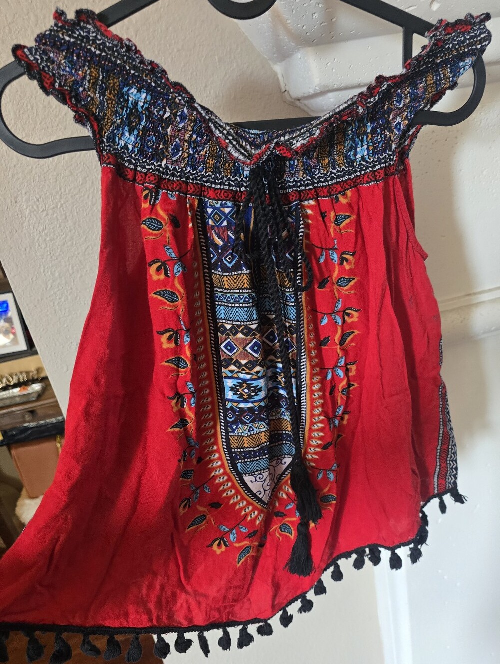 Bohemian Red Off-Shoulder Tassel Top Midnight Sky Sz.large